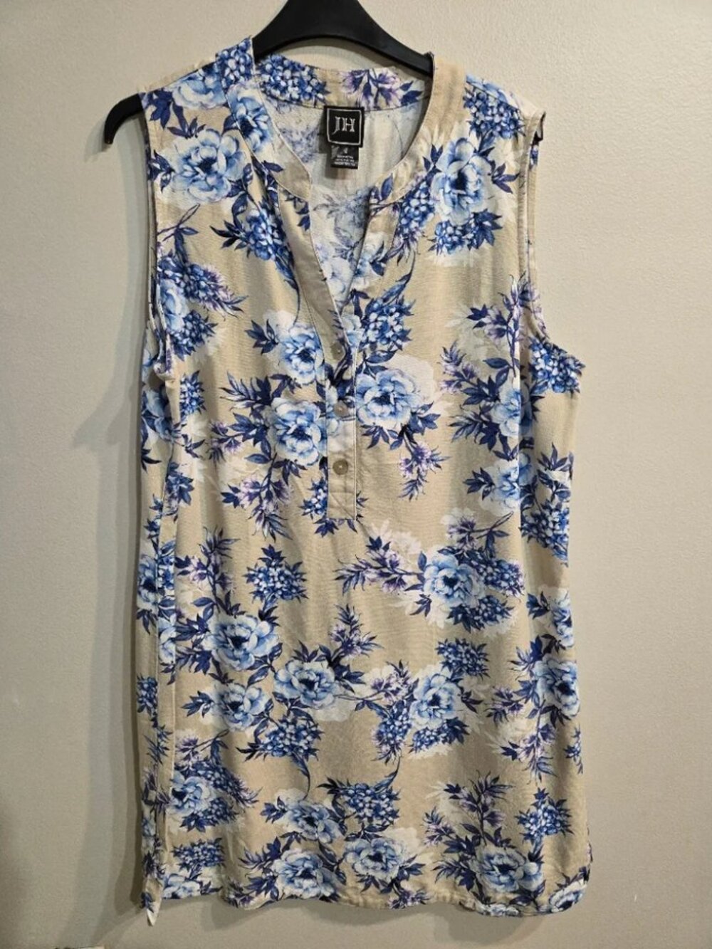 JH Women's Dress Size 18 Tan Blue Floral Print Rayon Linen VNeck 1/2 Button Down